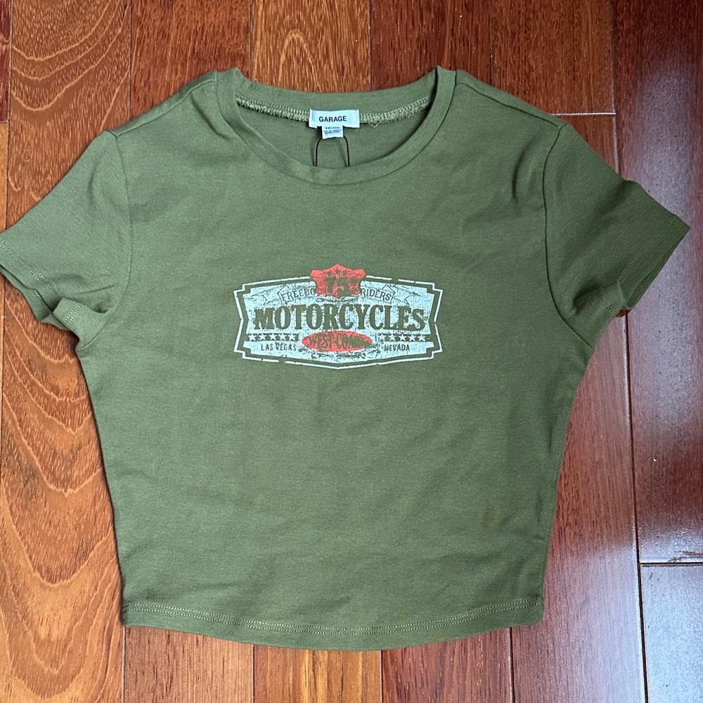 Garage Army Green Motorcycle Graphic Crop Top NWT